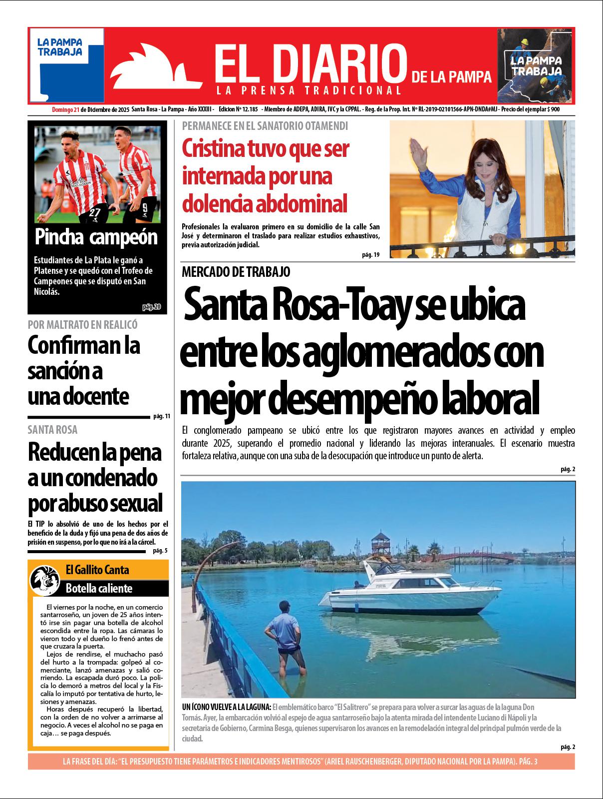 Tapa de El Diario en papel  domingo 21 de diciembre de 2025